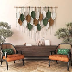 large boho macrame wall hanging – handwoven cotton leaf & feather tapestry for chic home decor