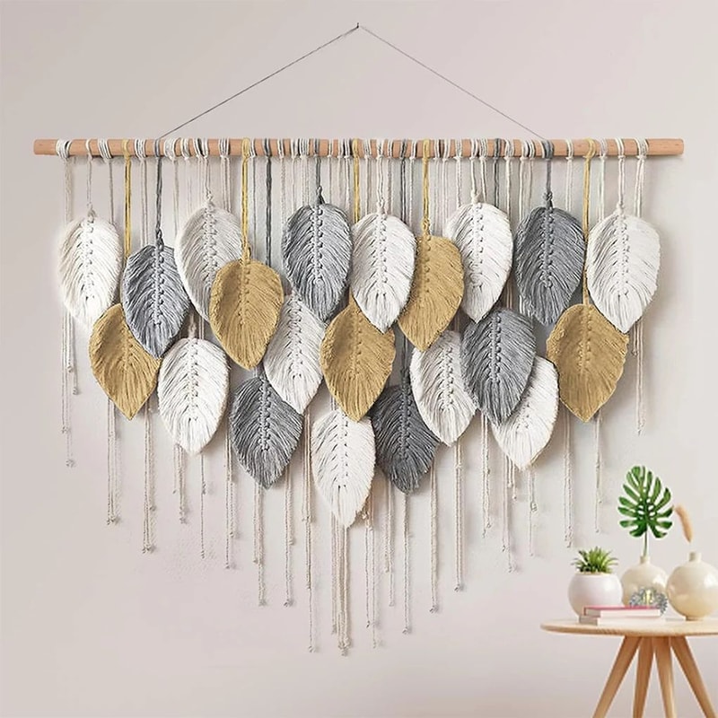 Large Boho Macrame Wall Hanging Handwoven Cotton Leaf Feather Tapestry For Chic Home Decor 1