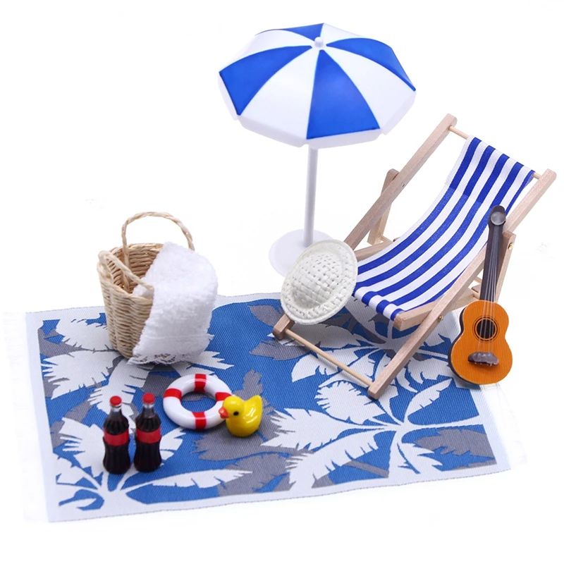 Miniature Beach Deckchair Umbrella Set Dollhouse Fairy Garden Summer Scene DIY Decor 0