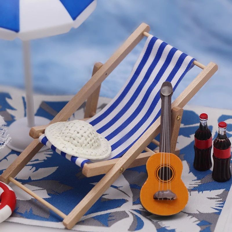 Miniature Beach Deckchair Umbrella Set Dollhouse Fairy Garden Summer Scene DIY Decor 1