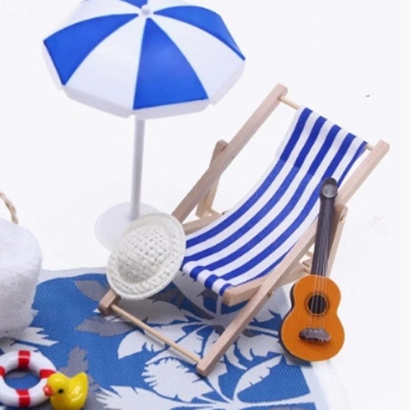 Miniature Beach Deckchair Umbrella Set Dollhouse Fairy Garden Summer Scene DIY Decor 2