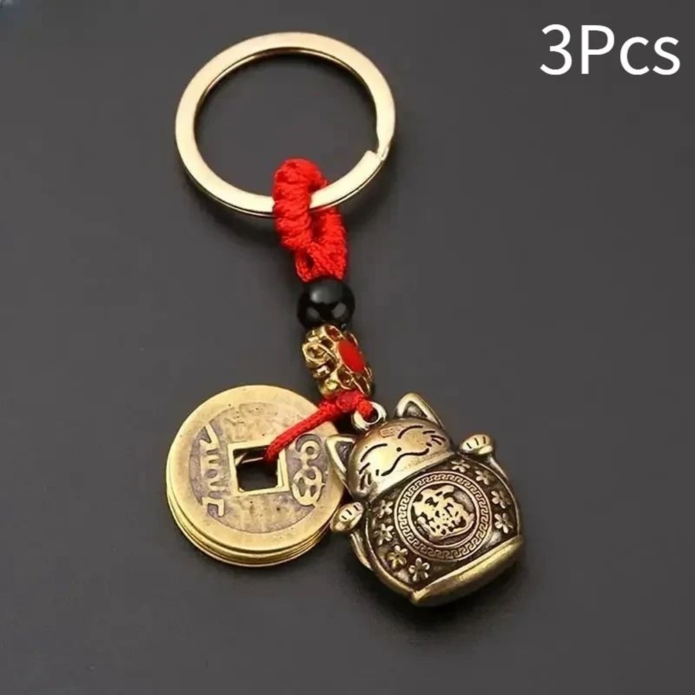 Vintage Lucky Cat Keychain Figurine Alloy Maneki Neko Feng Shui Talisman For Wealth Good Fortune 6