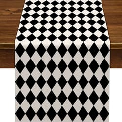 black & white buffalo plaid linen table runner – diamond lattice farmhouse table decor for kitchen & party