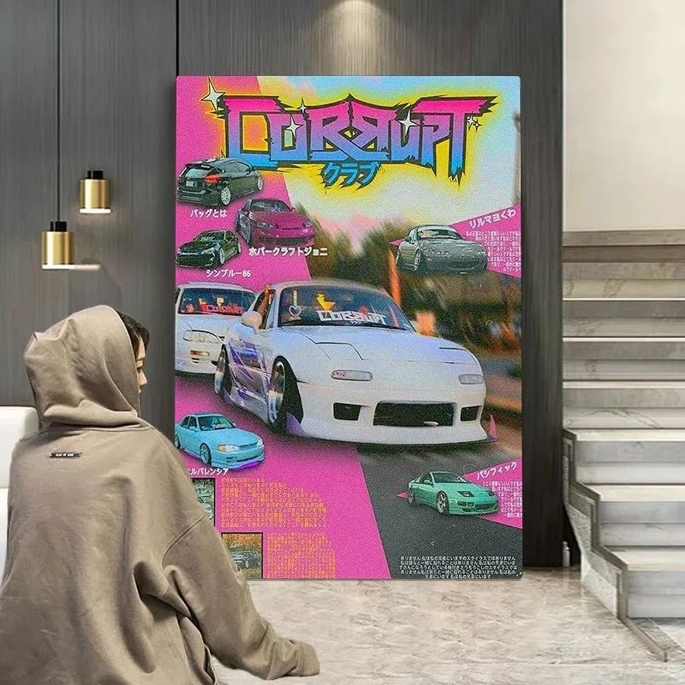 Neon Drift JDM Canvas Poster Synthwave GTR Car Magazine Cover Wall Art For Modern Room Decor 0