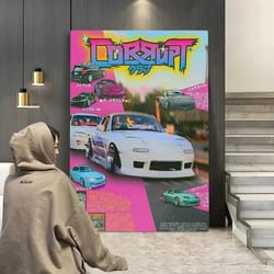 neon drift jdm canvas poster – synthwave gtr car magazine cover wall art for modern room decor