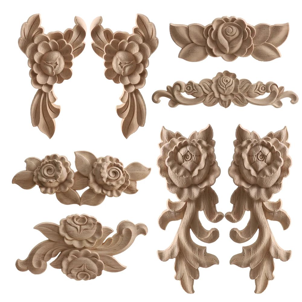 Carved Wood Rose Applique European Floral Trim For Cabinet Door Wall Decor 0