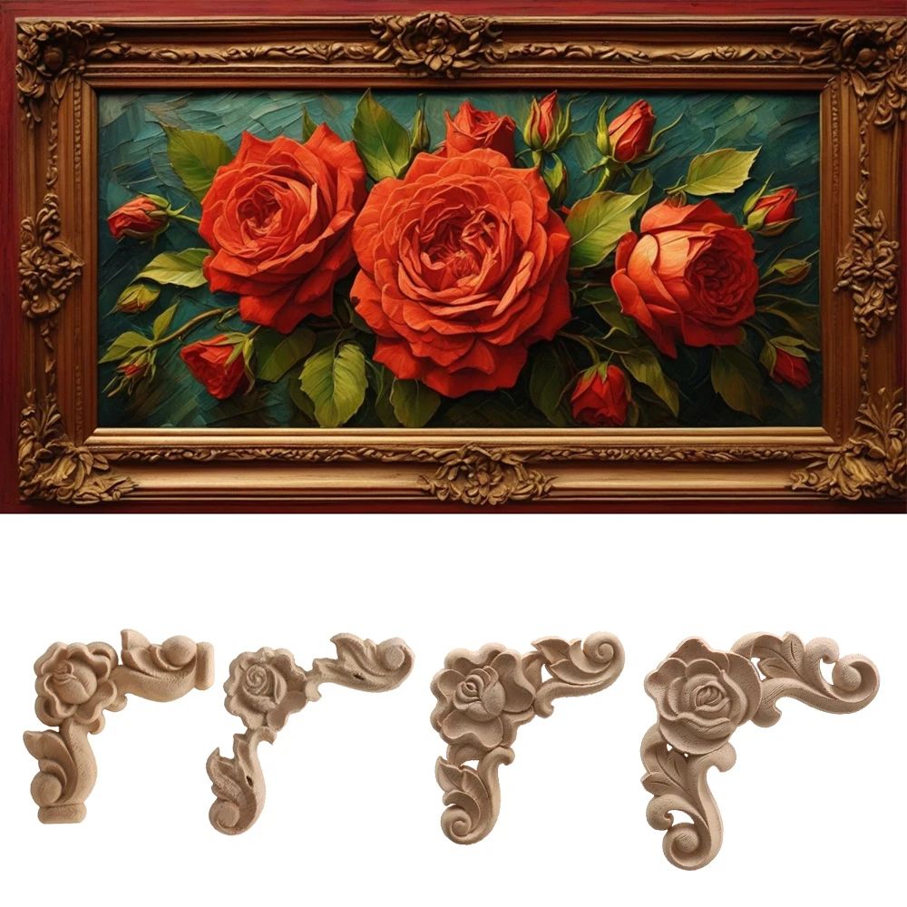 Carved Wood Rose Applique European Floral Trim For Cabinet Door Wall Decor 2