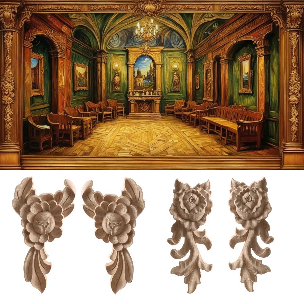 Carved Wood Rose Applique European Floral Trim For Cabinet Door Wall Decor 3