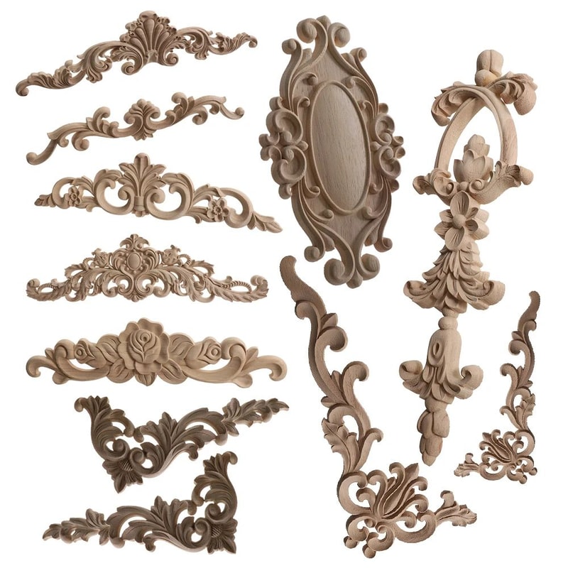 Elegant Rose Wood Carving Applique Set 2pcs European Floral Cabinet Furniture Decor Trim 0