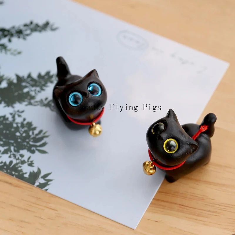 Whittle Charm Mini Wooden Cat Figurine HandCarved Natural Wood Animal Decor With Bell 1