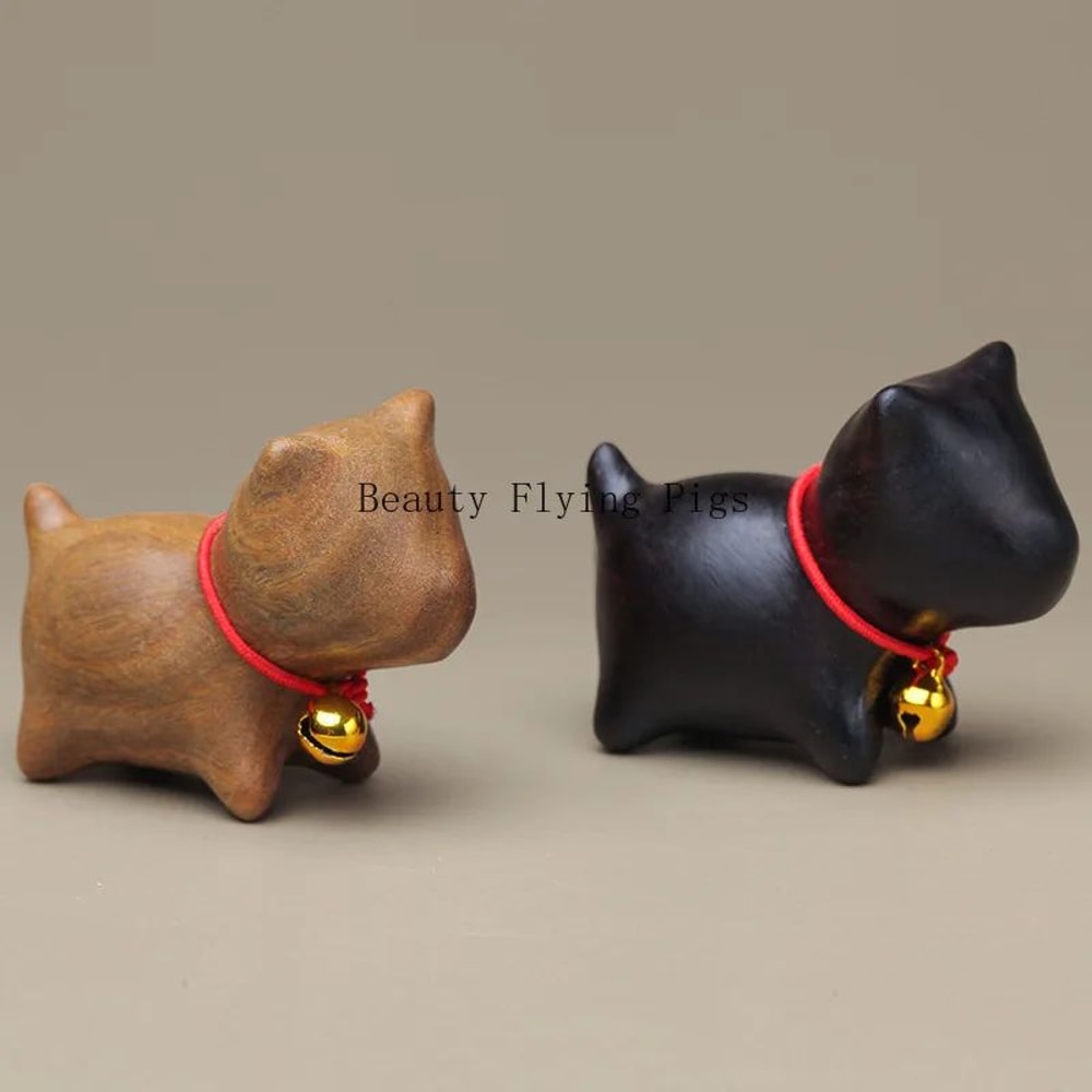 Whittle Charm Mini Wooden Cat Figurine HandCarved Natural Wood Animal Decor With Bell 2