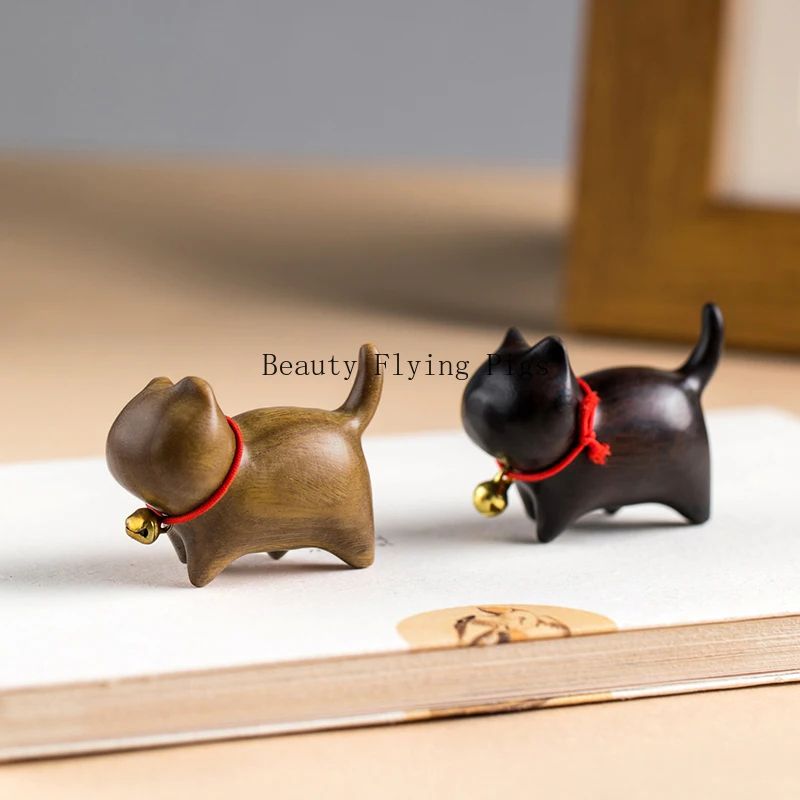 Whittle Charm Mini Wooden Cat Figurine HandCarved Natural Wood Animal Decor With Bell 4