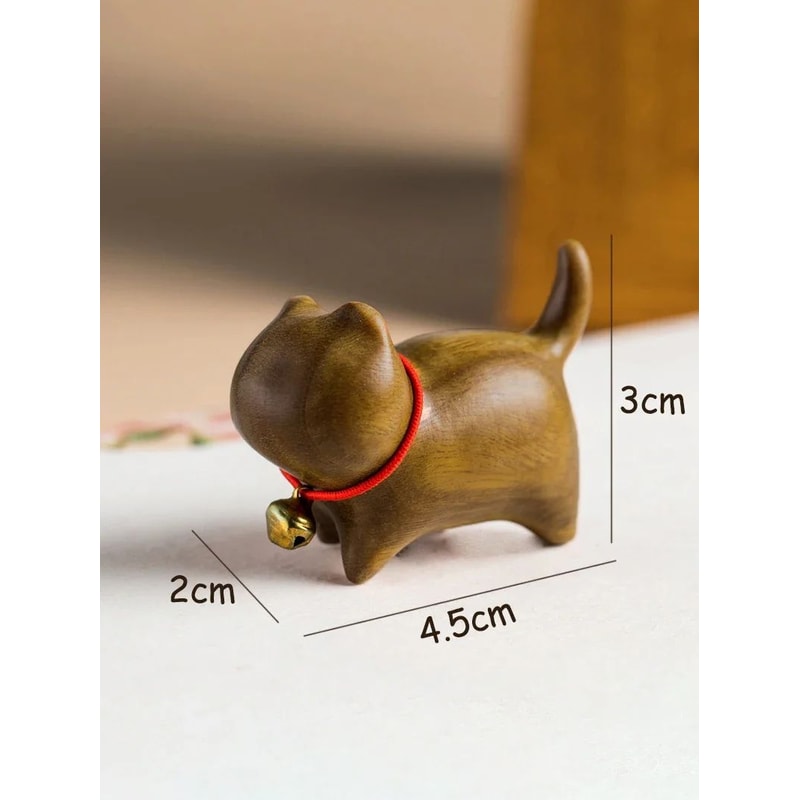 Whittle Charm Mini Wooden Cat Figurine HandCarved Natural Wood Animal Decor With Bell 6