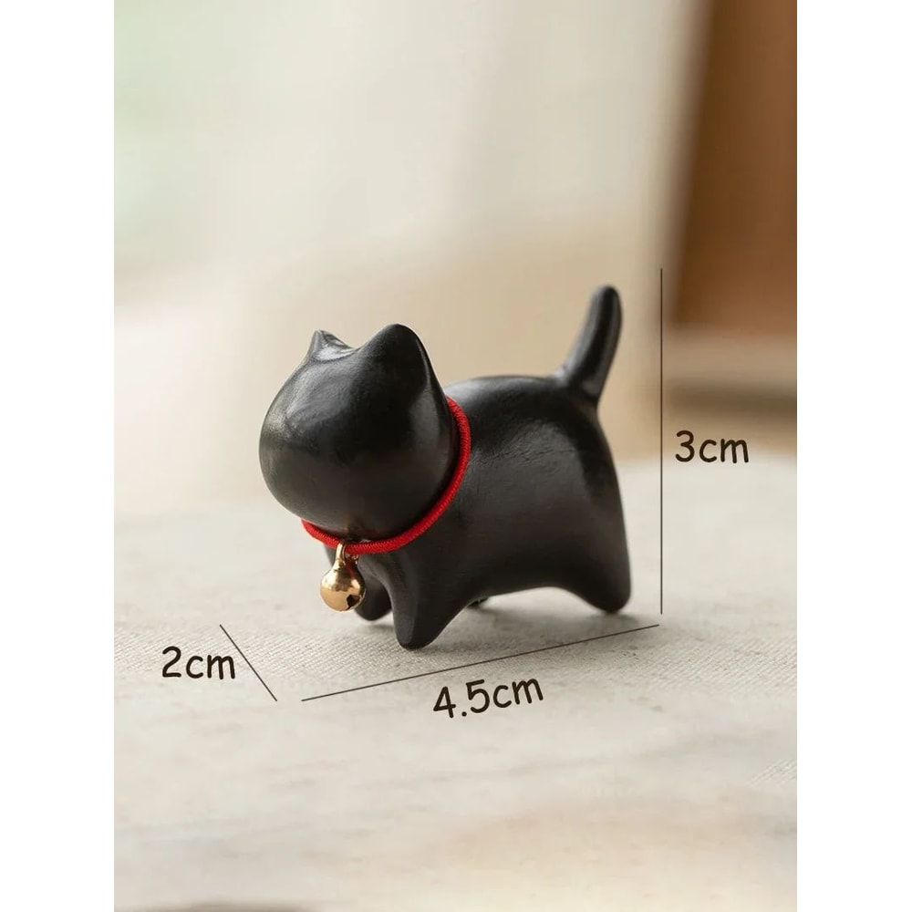 Whittle Charm Mini Wooden Cat Figurine HandCarved Natural Wood Animal Decor With Bell 7