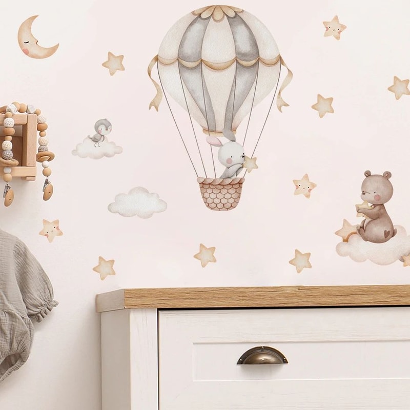 Dream Sky Balloon Animal Wall Stickers Cute Cartoon Nursery Decals For Kids Room Decor 2
