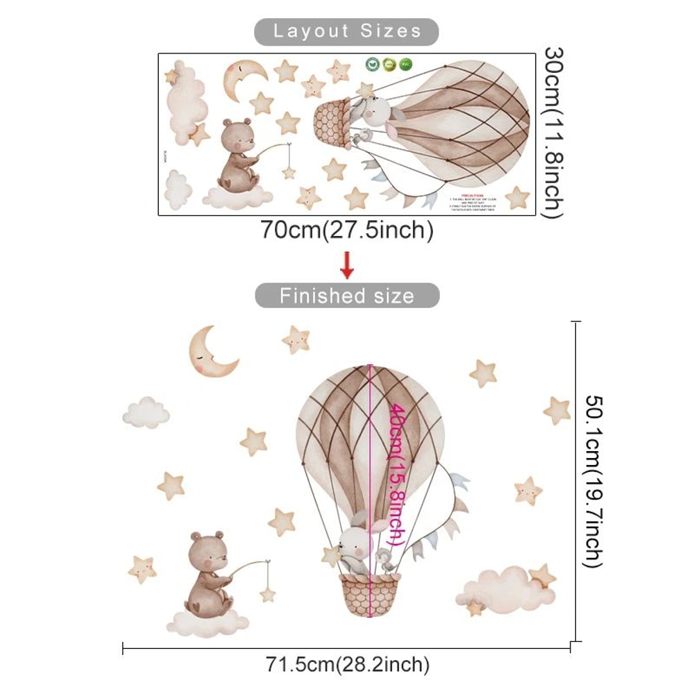 Dream Sky Balloon Animal Wall Stickers Cute Cartoon Nursery Decals For Kids Room Decor 7