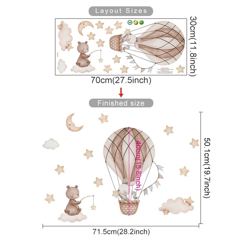 Dream Sky Balloon Animal Wall Stickers Cute Cartoon Nursery Decals For Kids Room Decor 7