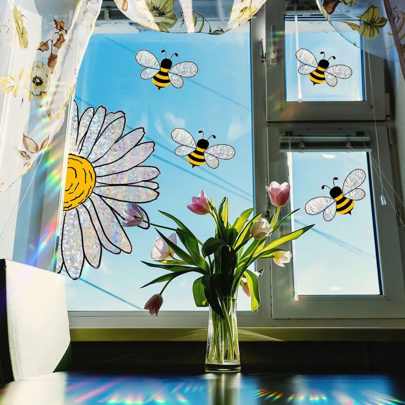 SunGlow Bee Sunflower Window Sticker Rainbow Static Cling Glass Decor For Bright Home Styling 1