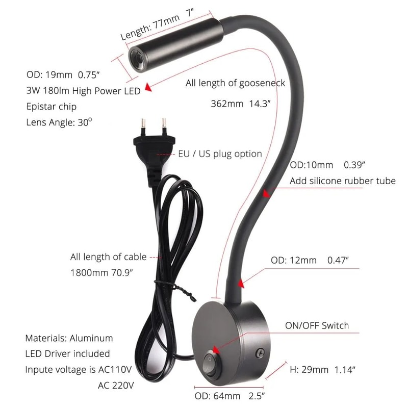 Modern LED Gooseneck Wall Reading Lamp Flexible Clamp Sconce Light With Switch For Bedside Use 5