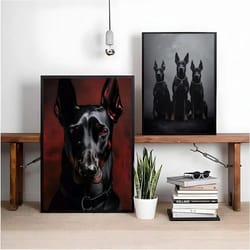 black doberman & woman canvas wall art – elegant calligraphy portrait print for modern home decor