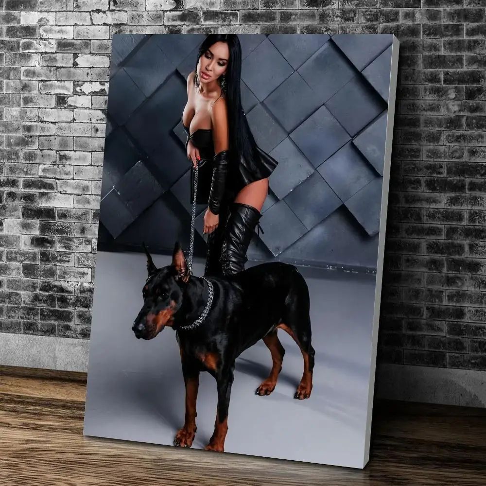 Black Doberman Woman Canvas Wall Art Elegant Calligraphy Portrait Print For Modern Home Decor 9
