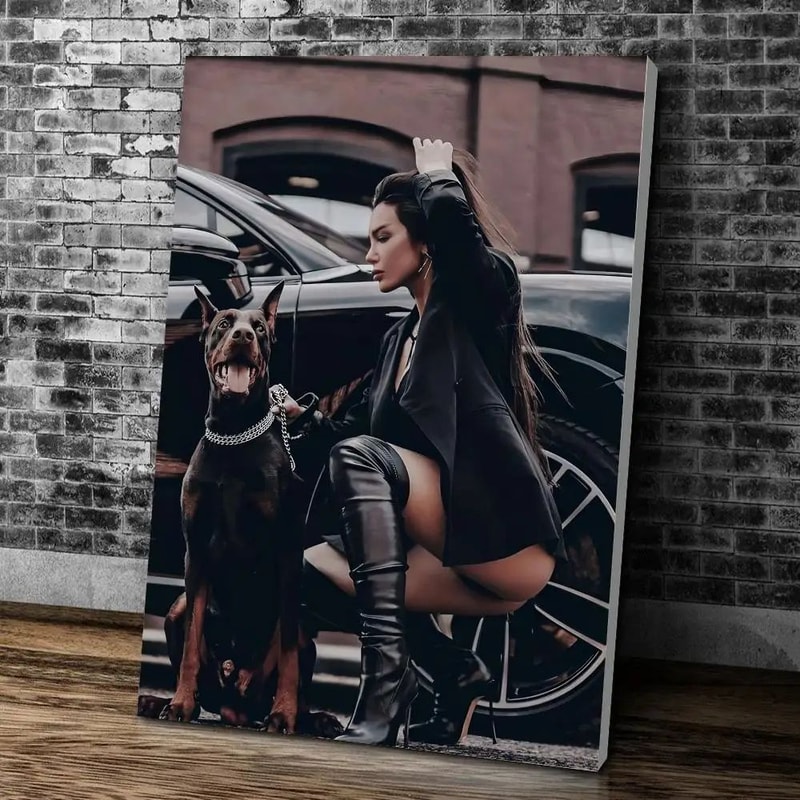 Black Doberman Woman Canvas Wall Art Elegant Calligraphy Portrait Print For Modern Home Decor 15