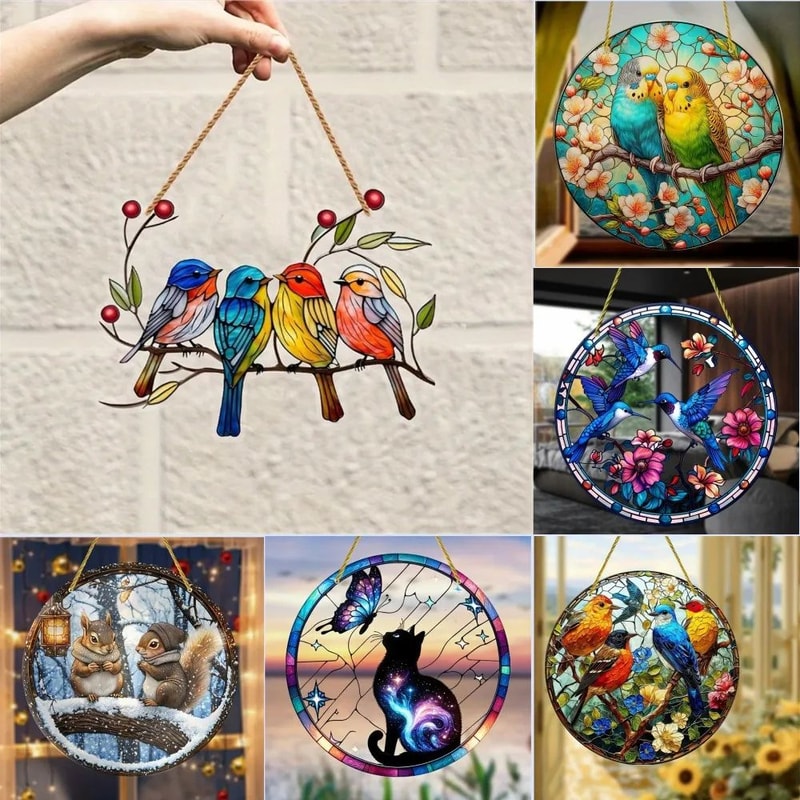 Cute Acrylic Bird Flower Hanging Pendant 2D Flat Cartoon Ornament For Car Window Gift Decor 4