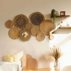boho woven wall basket decor set – handmade seagrass hanging baskets for rustic farmhouse walls