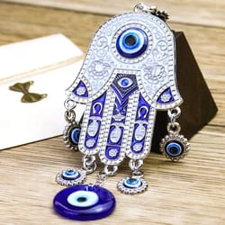 evil eye hamsa hand wind chime wall decor – geometric metal hanging ornament for protection & meditation