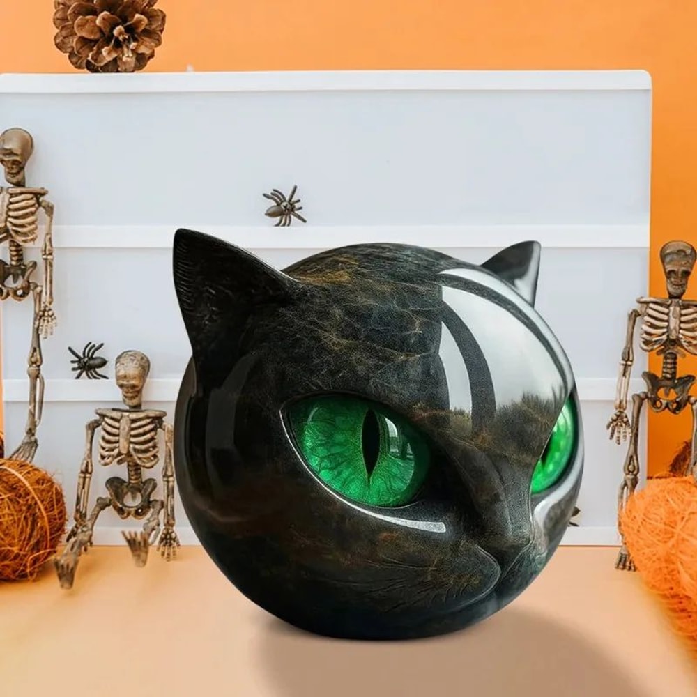 Luxury Black Cat Head Sculpture Marble Texture Resin Decor With Amber Eyes For Modern Home 1