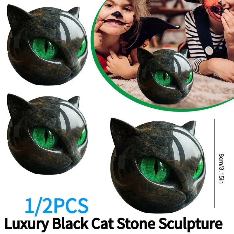 Luxury Black Cat Head Sculpture Marble Texture Resin Decor With Amber Eyes For Modern Home 4