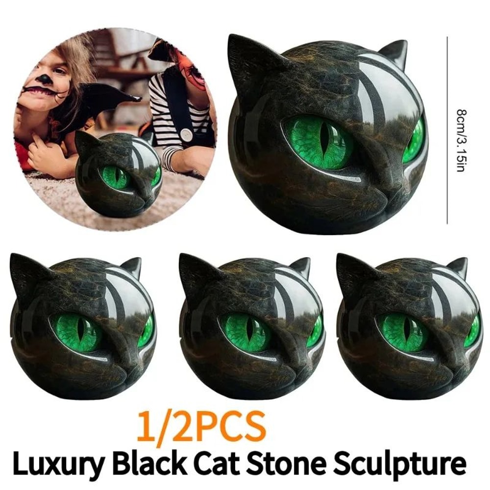 Luxury Black Cat Head Sculpture Marble Texture Resin Decor With Amber Eyes For Modern Home 5