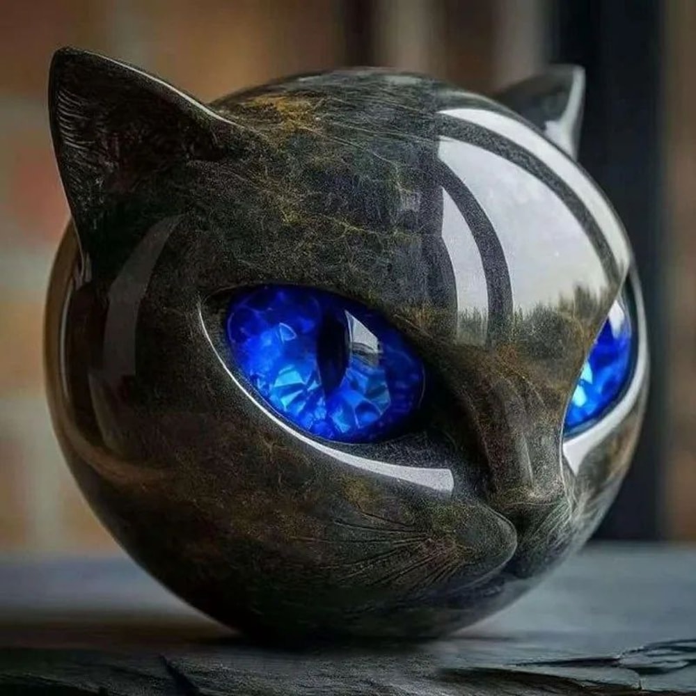 Luxury Black Cat Head Sculpture Marble Texture Resin Decor With Amber Eyes For Modern Home 10