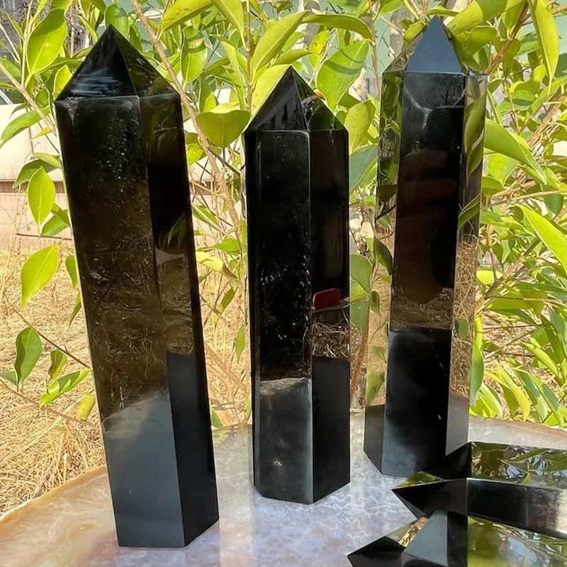 Natural Obsidian Crystal Point Tower Hexagonal Healing Wand For Feng Shui Energy Decor 0