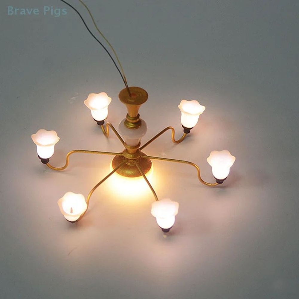 Miniature LED Ceiling Lamp Chandelier 3V Dollhouse Hanging Light With Warm Glow Battery Box 3