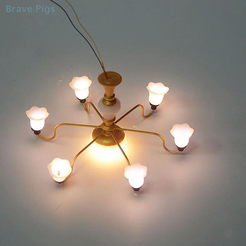 Miniature LED Ceiling Lamp Chandelier 3V Dollhouse Hanging Light With Warm Glow Battery Box 3