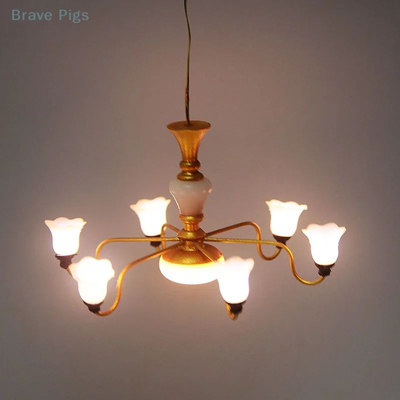 Miniature LED Ceiling Lamp Chandelier 3V Dollhouse Hanging Light With Warm Glow Battery Box 4