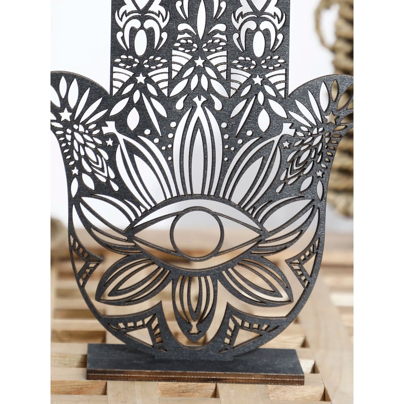 Elegant Black Hamsa Hand Evil Eye Desk Decor Wooden Good Luck Protection Ornament For Home Office 1