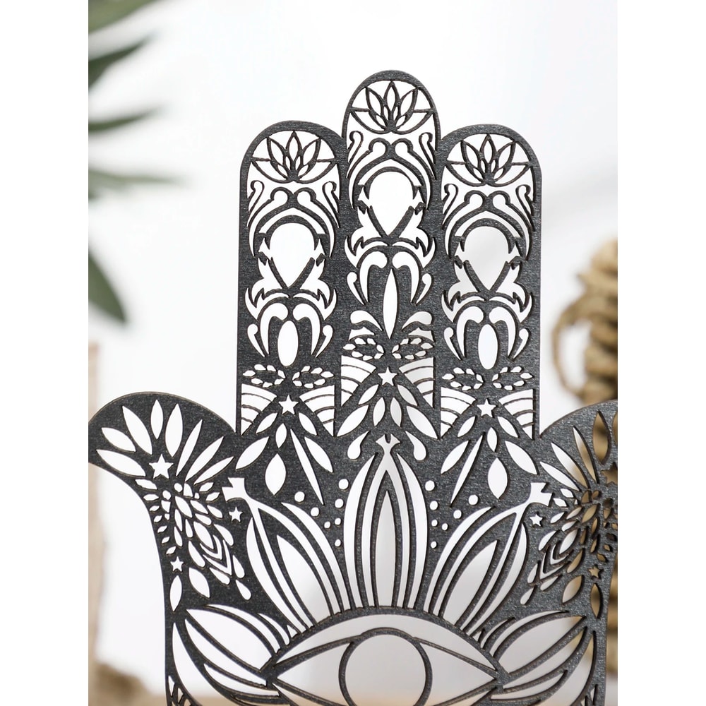 Elegant Black Hamsa Hand Evil Eye Desk Decor Wooden Good Luck Protection Ornament For Home Office 4