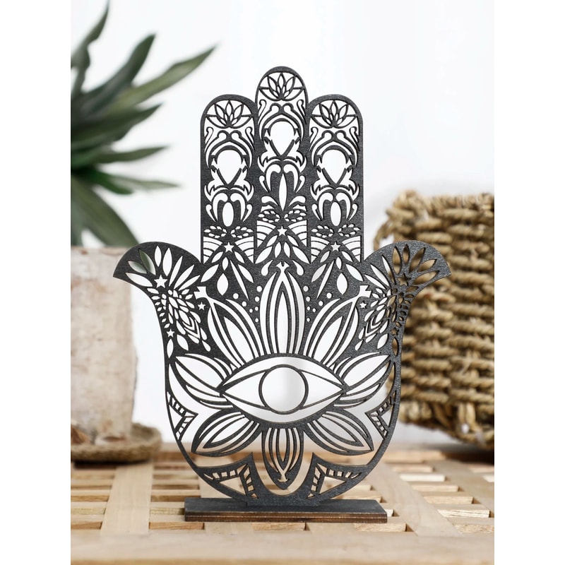 Elegant Black Hamsa Hand Evil Eye Desk Decor Wooden Good Luck Protection Ornament For Home Office 6