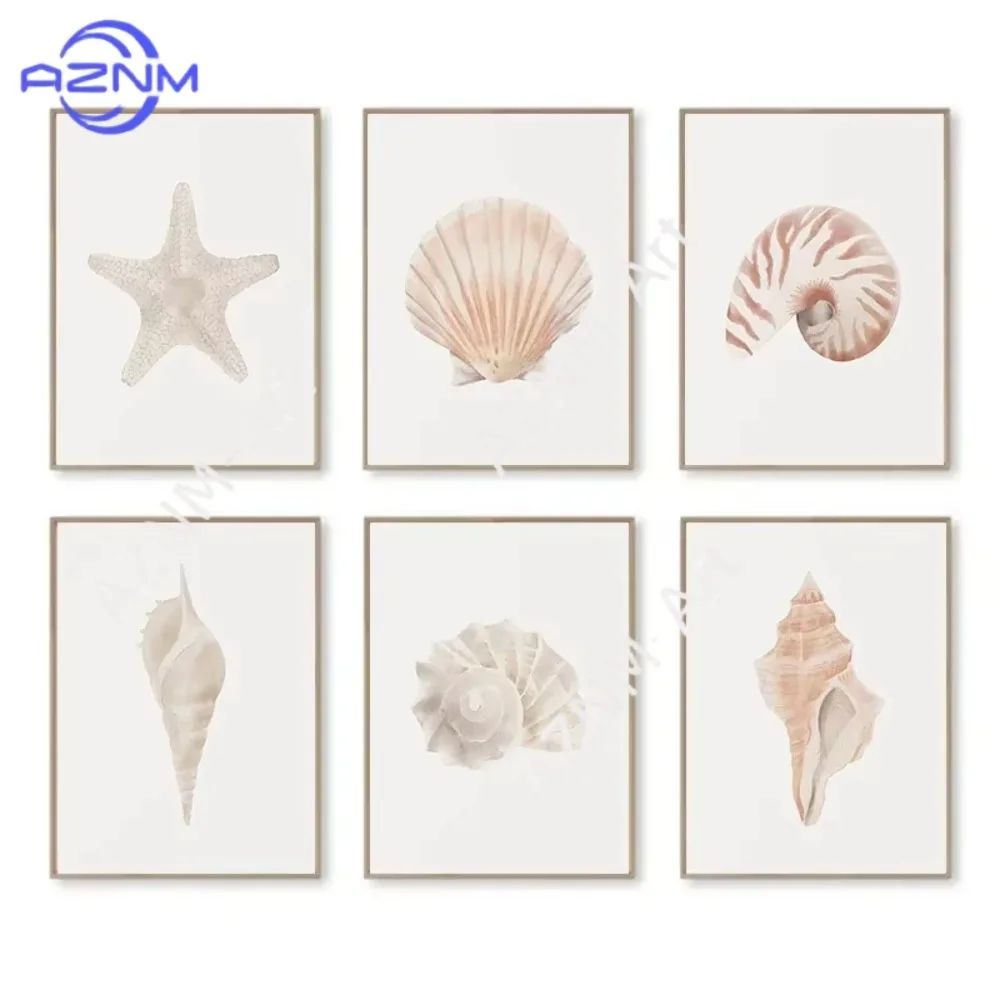 Modern Watercolor Sea Shell Starfish Canvas Wall Art Coastal Ocean Print For Living Room Decor 4