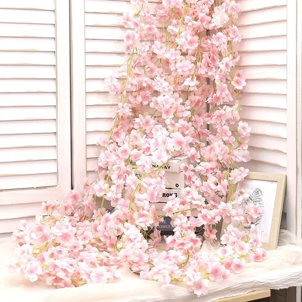 Artificial Sakura Cherry Blossom Garland Vine Silk Hanging Flower Decor For Weddings Home Styling