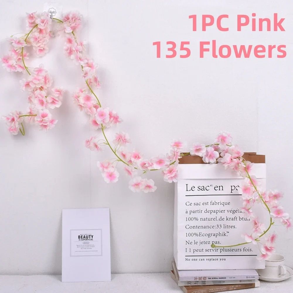 Artificial Sakura Cherry Blossom Garland Vine Silk Hanging Flower Decor For Weddings Home Styling