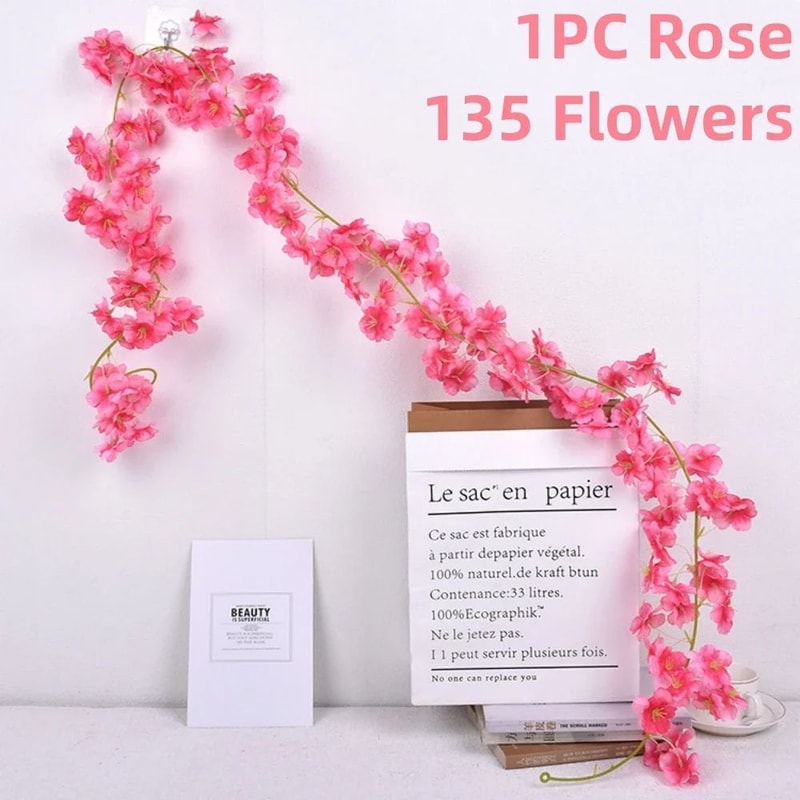 Artificial Sakura Cherry Blossom Garland Vine Silk Hanging Flower Decor For Weddings Home Styling