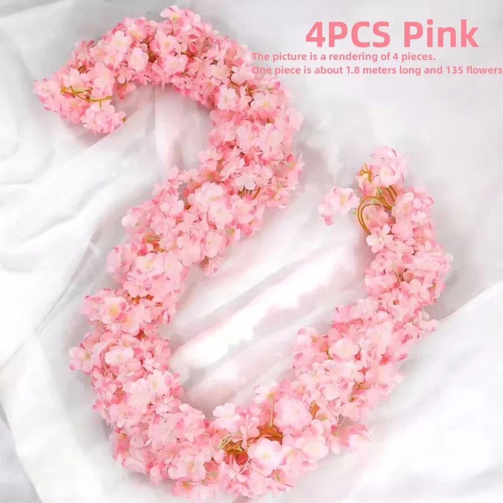 Artificial Sakura Cherry Blossom Garland Vine Silk Hanging Flower Decor For Weddings Home Styling