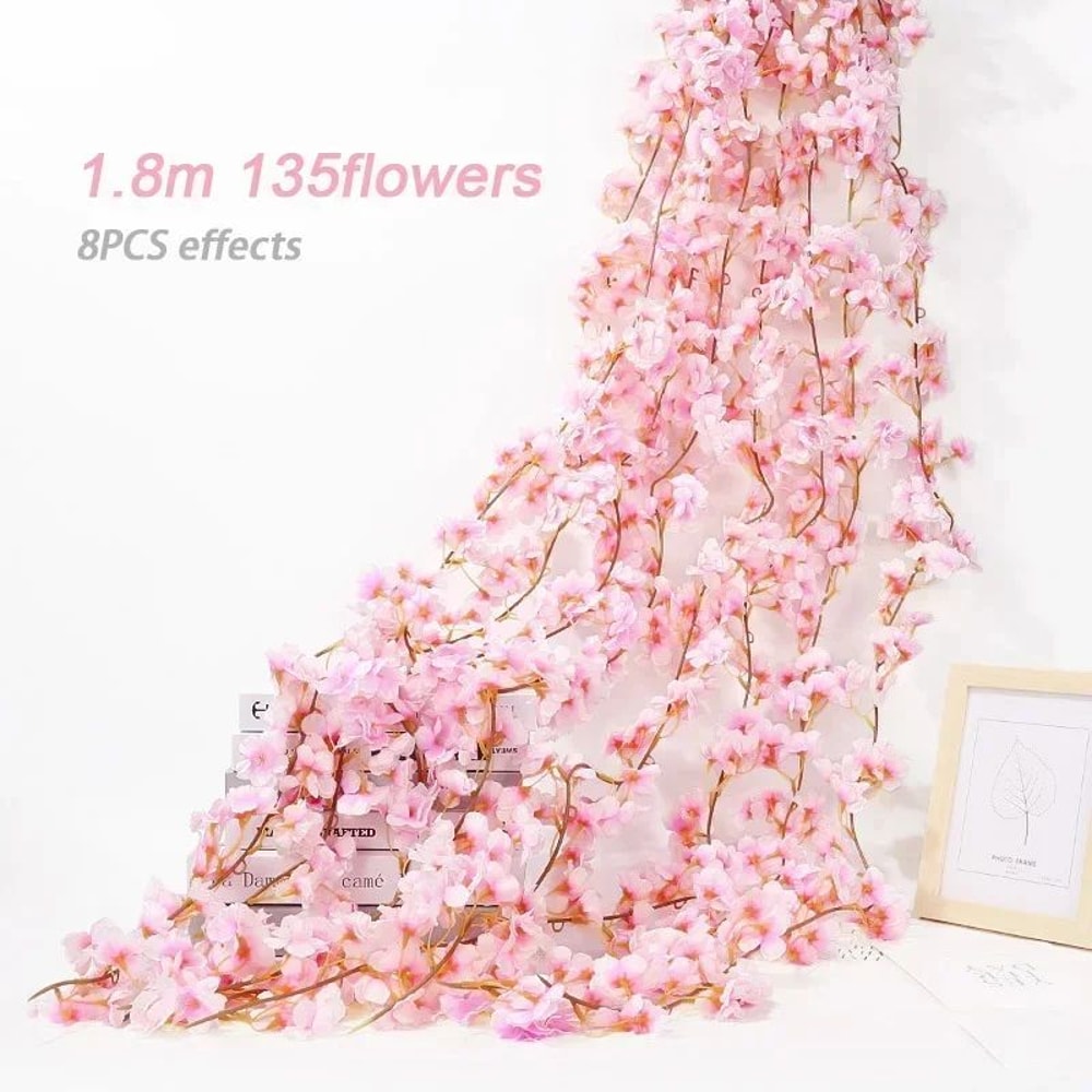 Artificial Sakura Cherry Blossom Garland Vine Silk Hanging Flower Decor For Weddings Home Styling
