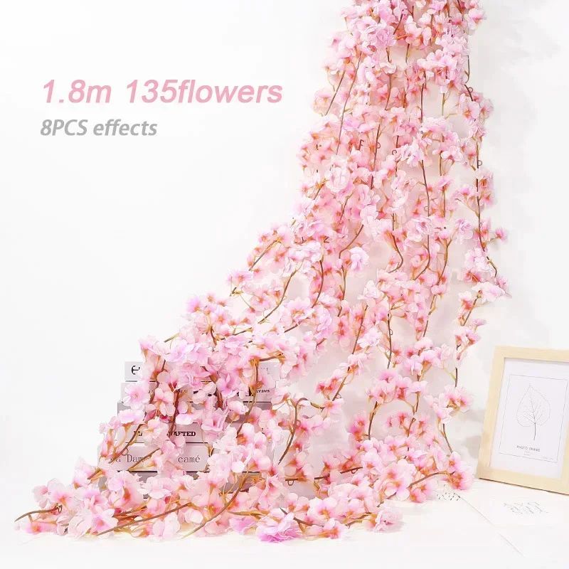 Artificial Sakura Cherry Blossom Garland Vine Silk Hanging Flower Decor For Weddings Home Styling