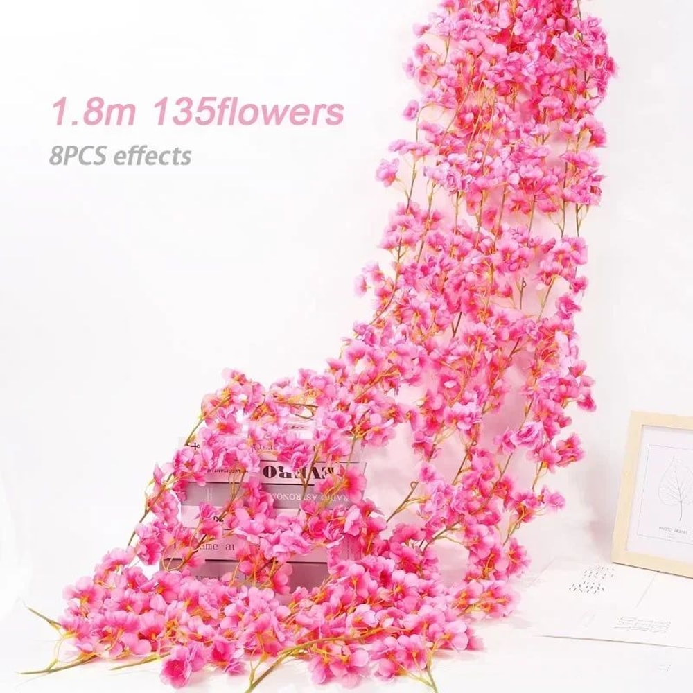Artificial Sakura Cherry Blossom Garland Vine Silk Hanging Flower Decor For Weddings Home Styling