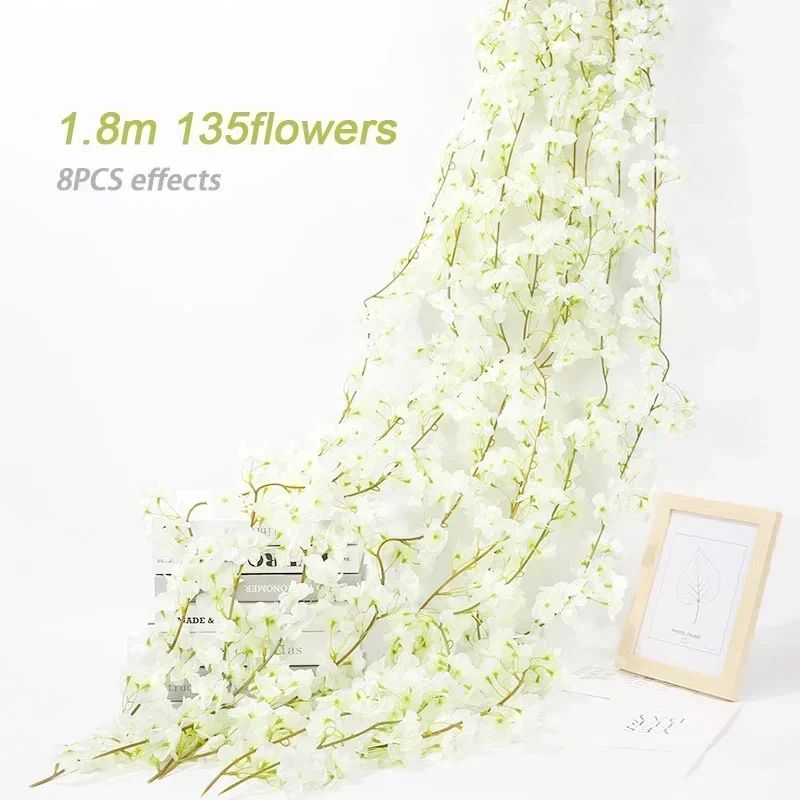 Artificial Sakura Cherry Blossom Garland Vine Silk Hanging Flower Decor For Weddings Home Styling
