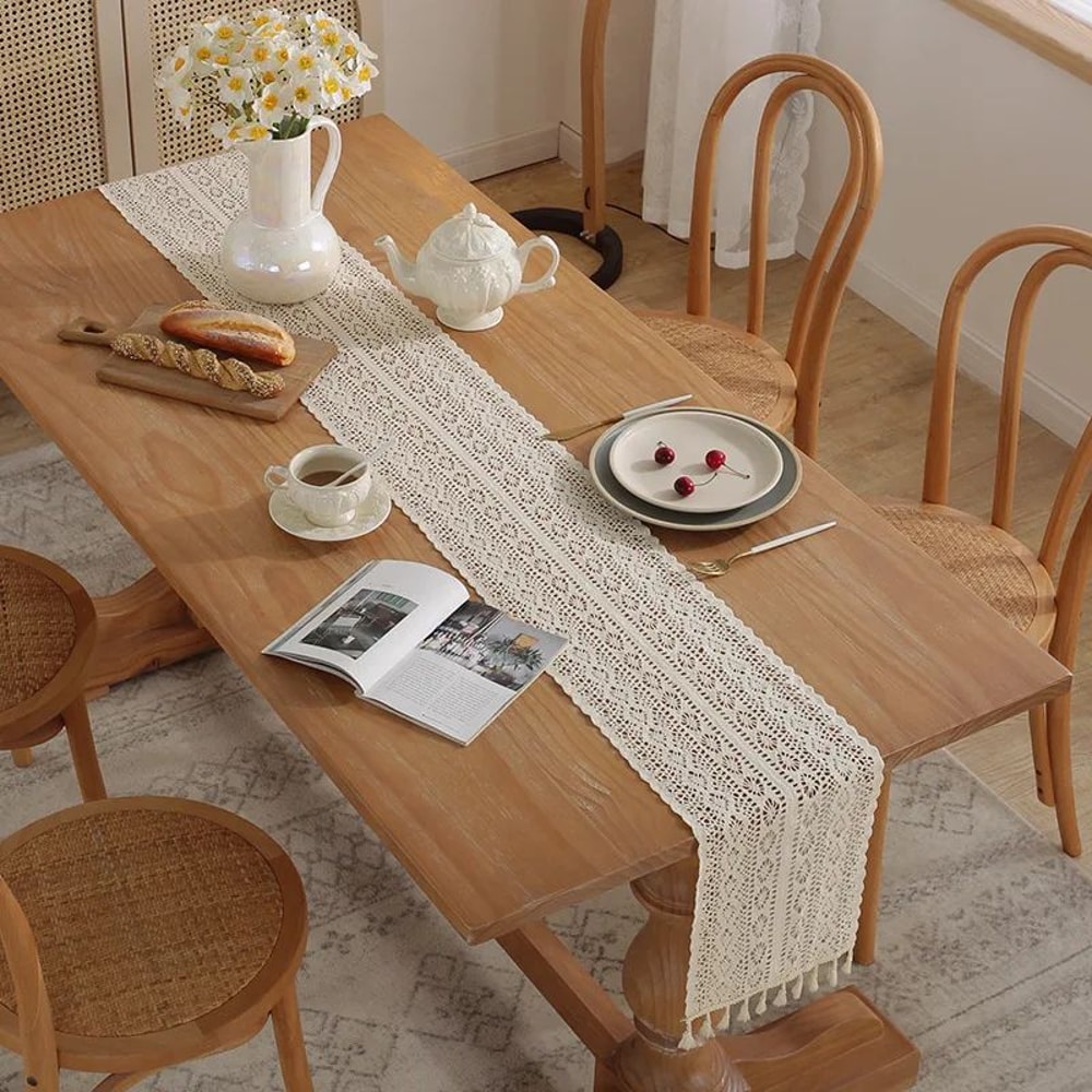 Vintage Beige Crochet Lace Table Runner With Tassels Farmhouse Cotton Blend Table Decor For Weddin 3